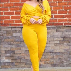 Plus Size Gathered Sleeve Wrap Blouse & Pants Set